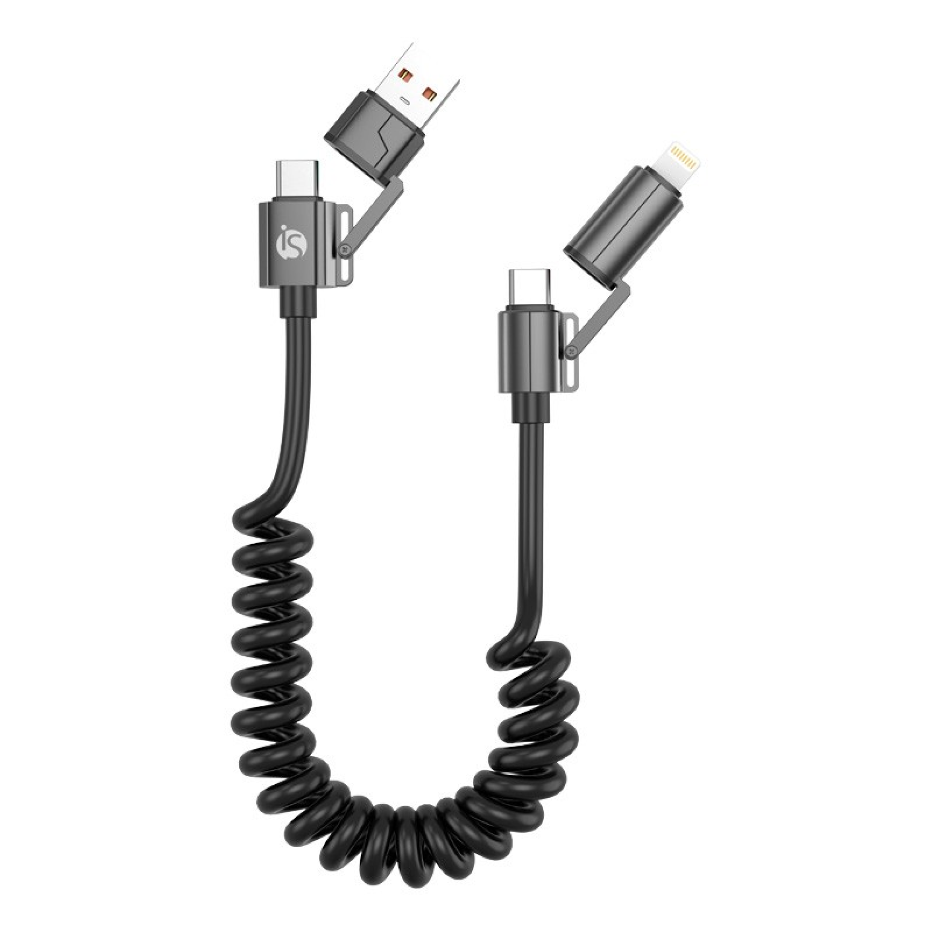Câble spiralé 4 en 1 - USB, USB-C, Lightning jusqu'à 60 W
